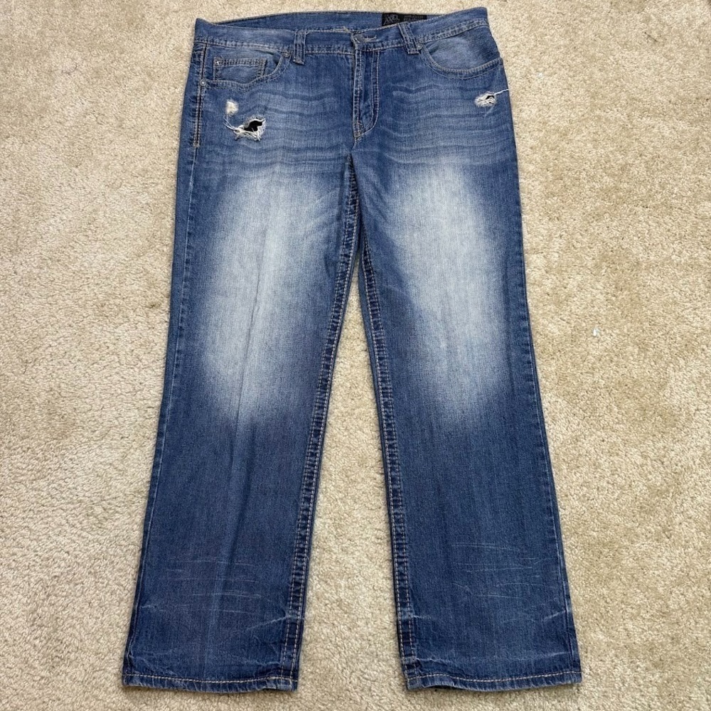 Axel Denim Jeans Mens 38x32 Blue Distressed Relaxed Straight Faded Pocket Stitch